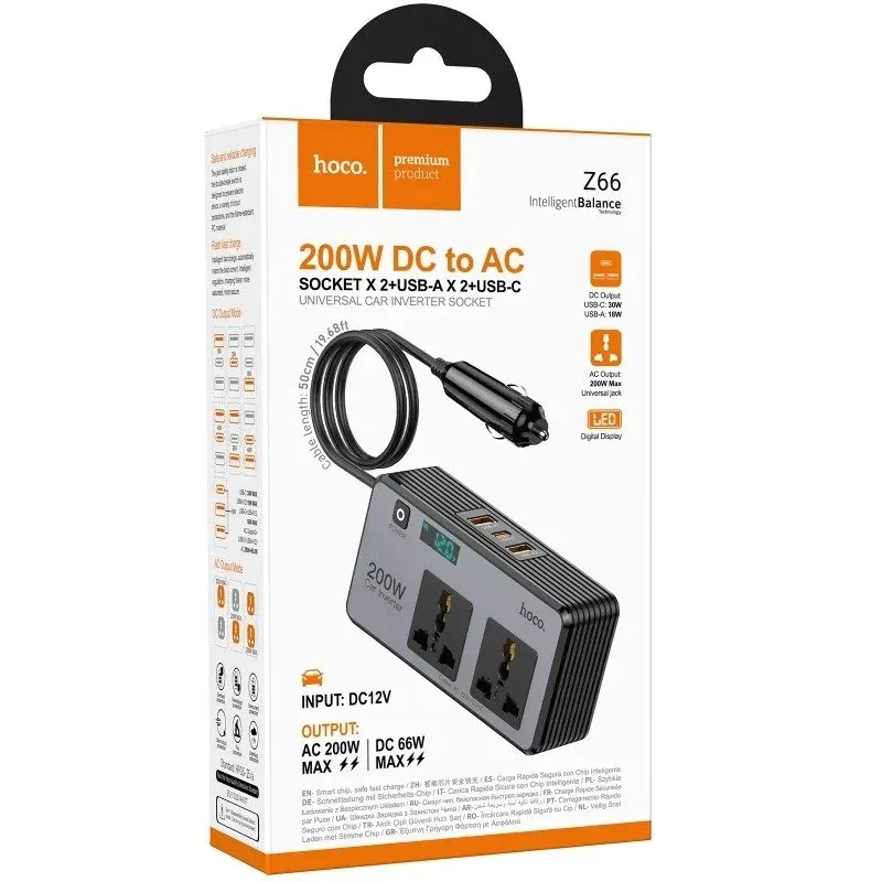 Hoco Z66 200W Multifunctional Car Power Inverter – DC 12V to AC 220V with PD 66W Fast Charge